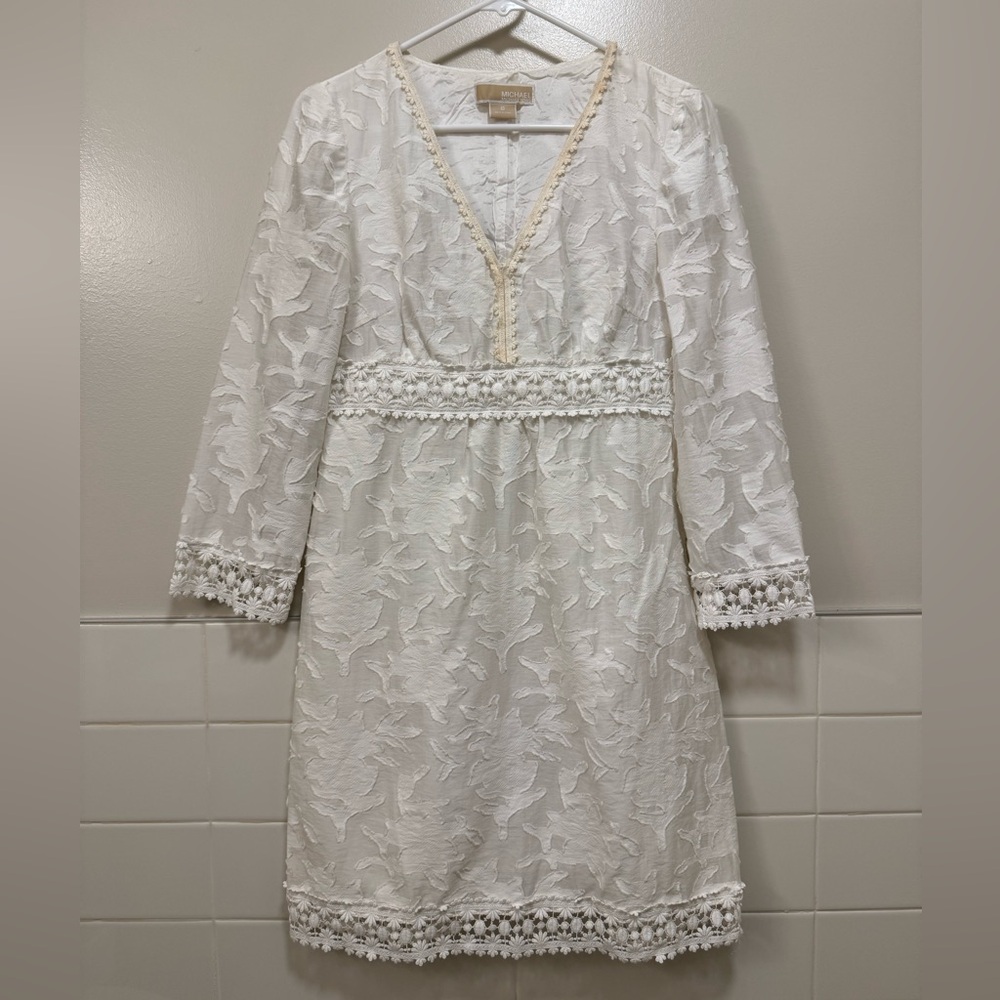 Michael Kors White Textured 3/4 Sleeve Dress